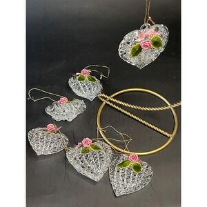 Vintage Spun‎ Glass Heart With Pink Flower And Leaves  Ornaments